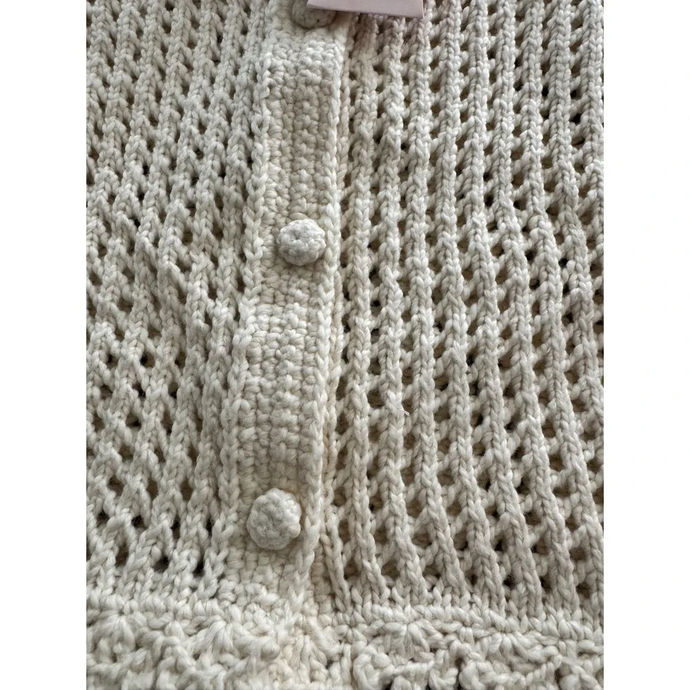 Cinq a Sept Ivory Crochet Cardigan Scalloped Open Knit Button Sweater NWT Sz L